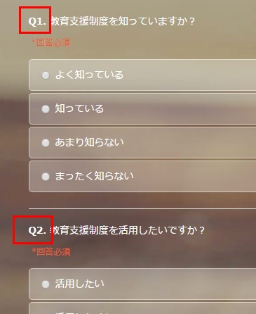 1.質問番号が表示されているフォームの様子