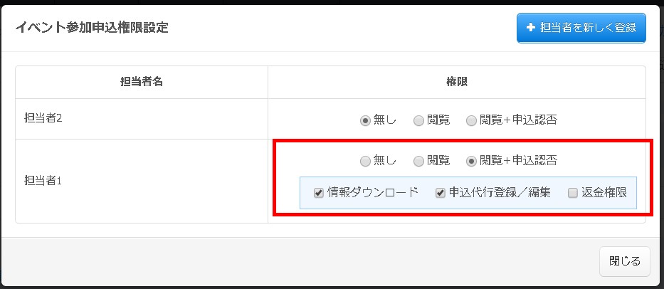 6.参加申込者リストのダウンロード権限や申込の登録・編集、返金権限も