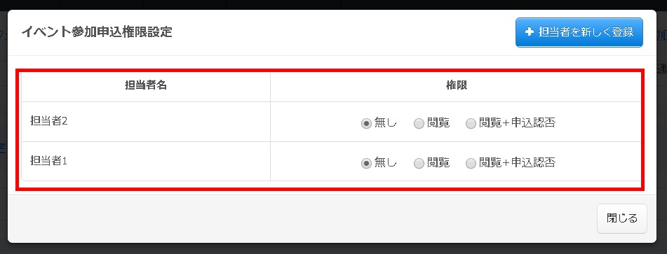 2.現在登録済の担当者が一覧表示される